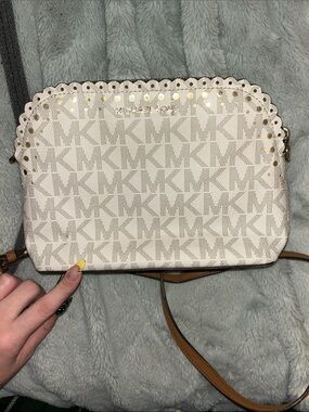 Michael Kors White Logo Crossbody with Gold Stud Trim and Tan Strap